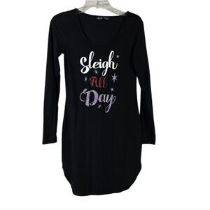 Sleigh All Day Women's Long Sleeve Black Knit T-shirt Dress Christmas Holiday
